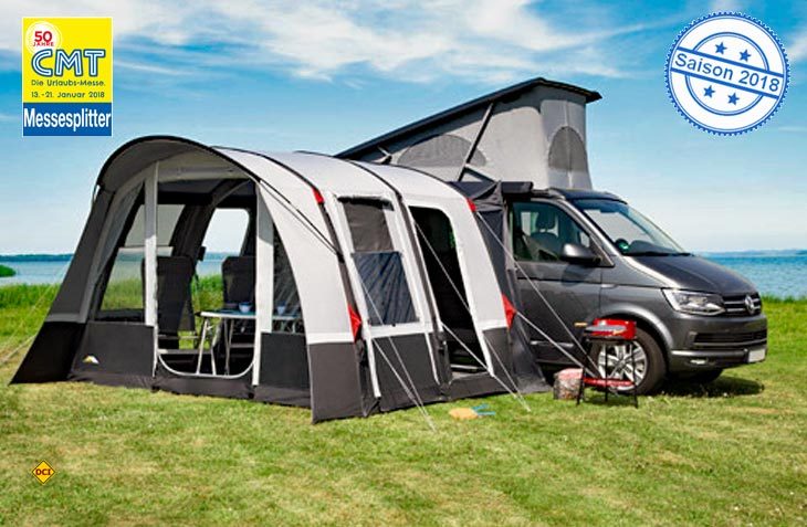 dwt-Zelte war 2013 der erste deutsche Hersteller, der Zelte mit Luftkammern statt herkömmlichem Gestänge auf den deutschen Markt brachte. Hier das Buszelt Patron Air HQ. (Foto: dwt)