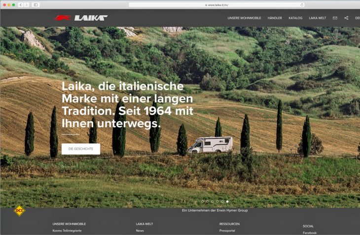 Der italienische Hersteller Laika hat seinen Webauftritt komplett modernisiert und bietet die Inhalte jetzt in acht Sprachen an. (Screenshot www.laika.it)