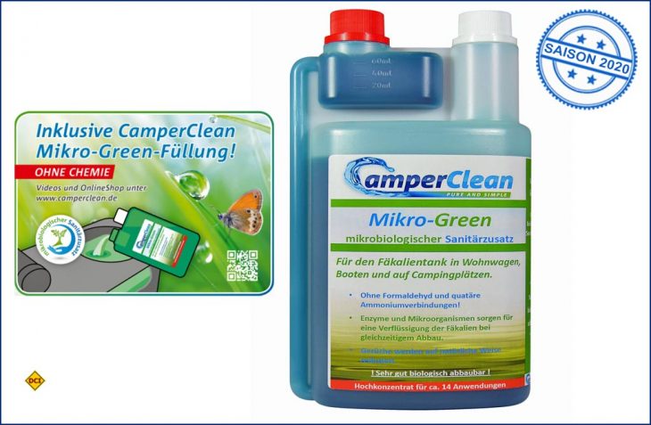 Positive Ökobilanz: Dank des mikrobiologischen Sanitärzusatzes Mikro Green von CamperClean wird die Umwelt geschont. (Foto: CamperClean)