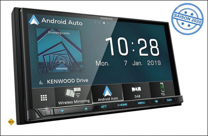 Kenwood präsentiert mit dem digitalen Moniceiver DMX8019DAB erstmals ein Gerät zur drahtlosen Kommunikation zwischen Receiver und Smartphone. (Foto: Kenwood)