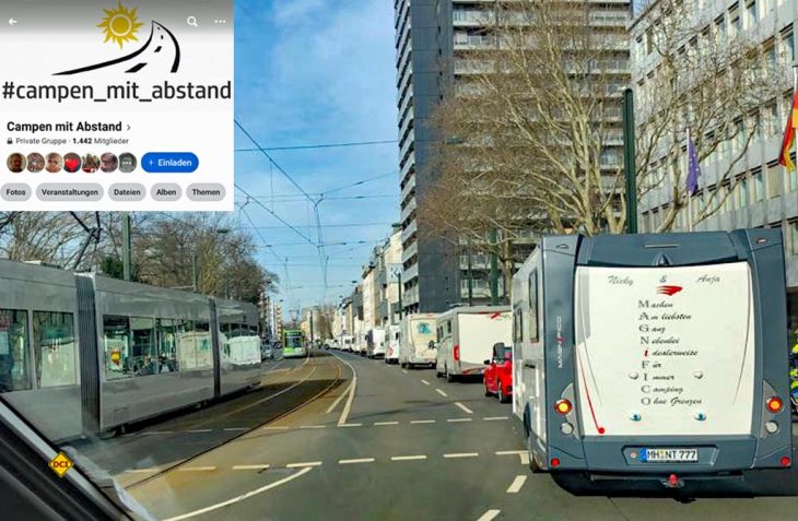 De Facebook-Gruppe Campen mit Abstand hat in Düsseldorf die erste Caravaning-Demo gegen das Beherbergungsverbot organisiert und durchgeführt. (Foto: Campen mit Abstand)
