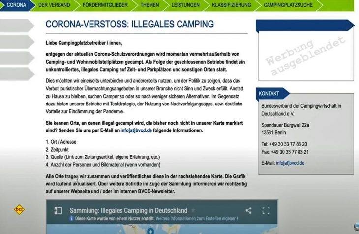 Der Bundesverband der Campingwirtschaft Deutschlands e. V. ruft seine Mitglieder auf, "illegales Camping" zu suchen und für eine "Schwarze Liste" online zu melden. (Screenshot D.C.I.)