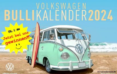 12 Monate gute Laune sind mit dem VW Bulli Jahreskalender 2024 garantiert. (Foto: kalendersale/VW Lizenz)