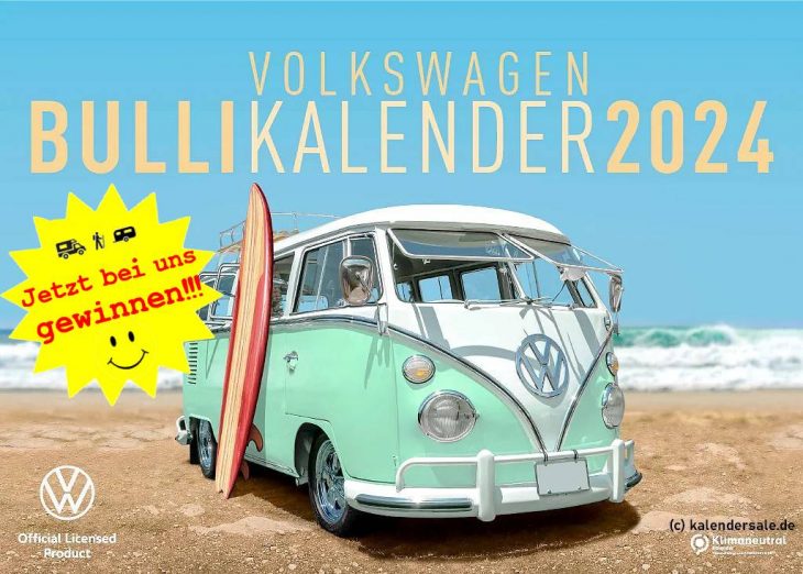 12 Monate gute Laune sind mit dem VW Bulli Jahreskalender 2024 garantiert. (Foto: kalendersale/VW Lizenz)
